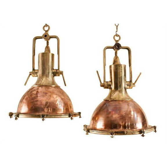 Pair of Two Large Copper and Brass Nautical Pendants Light