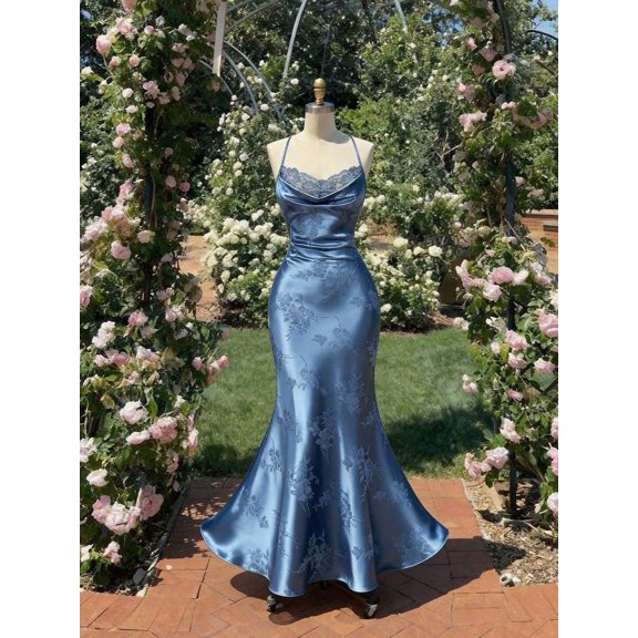 Elegant Blue Sleeveless Long Cami Dress With Draped Neckline And Floral Print Mermaid Hem