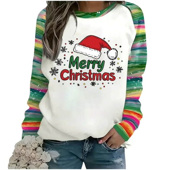 Women Fall Clothes Long Sleeve Round Neck Pullover with Merry Christmas Print Green Raglan Sleeve Shirt Sweatshirt Fall Top My Items