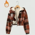 thumbnail image 2 of ZQUUVOU Women's Cropped Jacket Plush Fleece Lined Jacket Plaid Hooded Zip Front Layer Jacket with Pockets Fall Winter Outfits Orange, 2 of 7