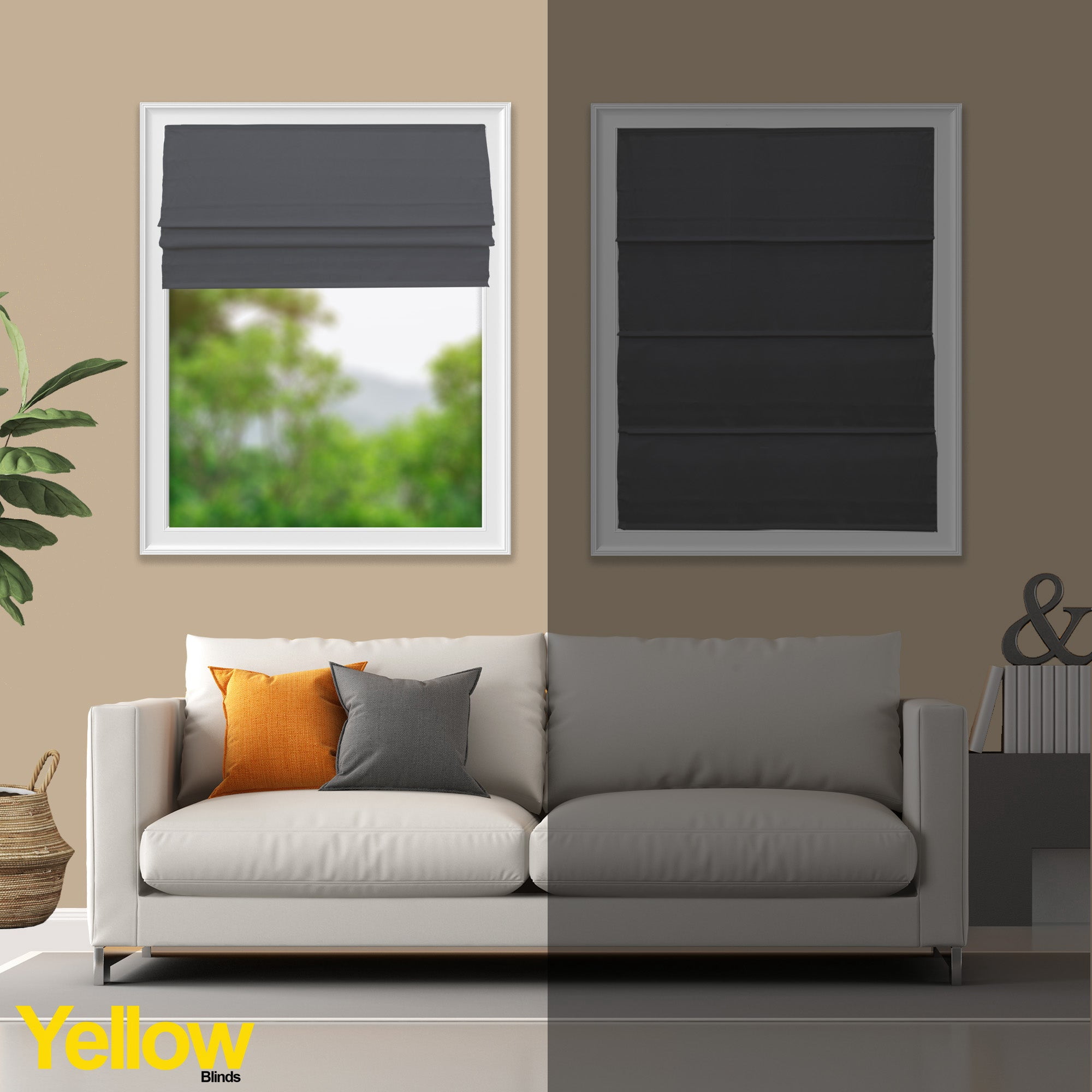 Yellow Blinds Cordless Light Filtering Roman Shade, Riverside Grey - 29"W X 72"H