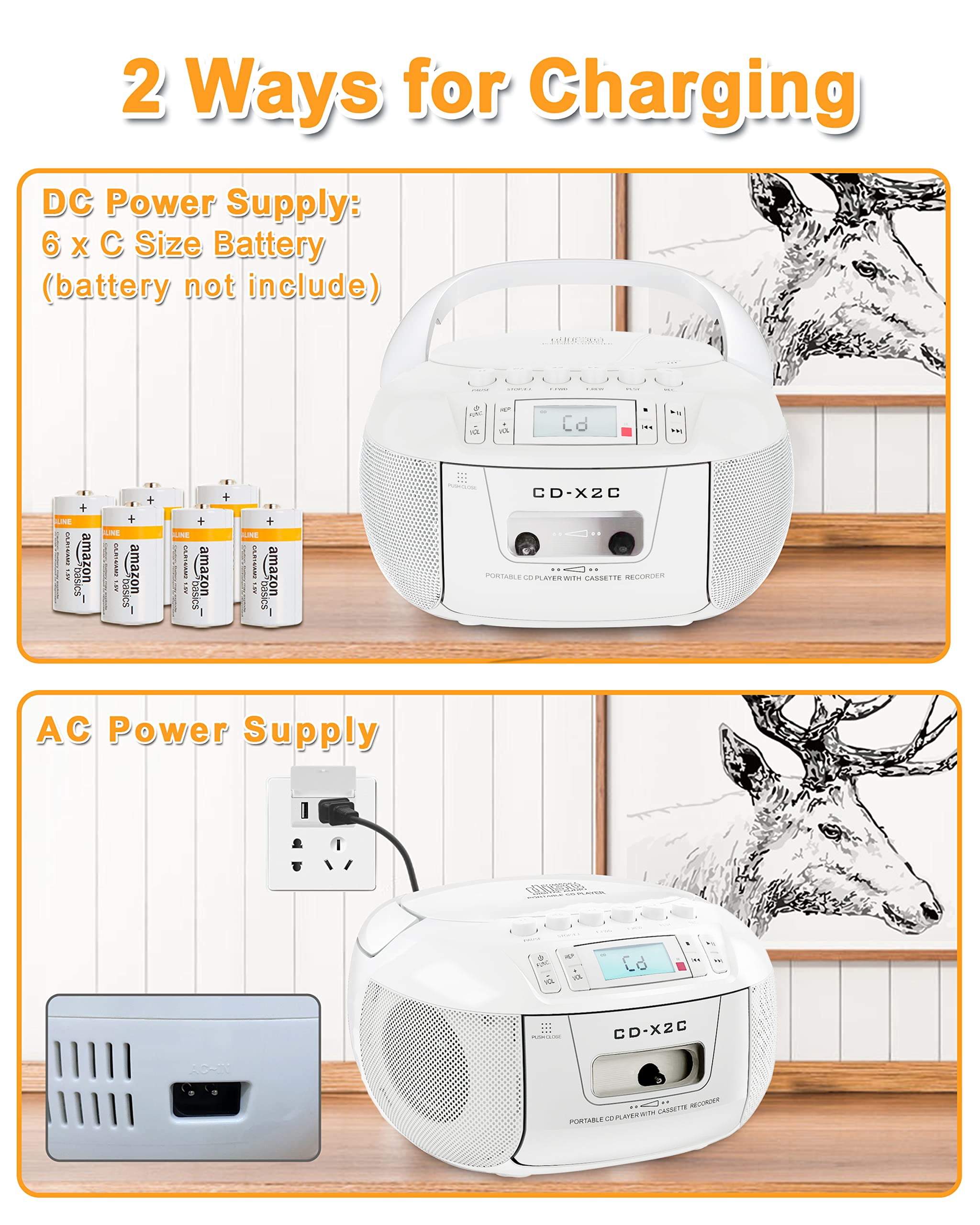 KUEPHOM CD Cassette Player Combo Boombox AM/FM Radio Tape Recording Stereo Sound AC/DC Powered