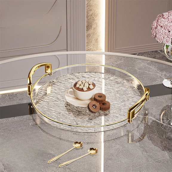 Clear Round Plastic Tray with Handles, Shatterproof Serving Plate for Snacks, Dining Table or Kitchen Counter Food Storage, Topliu