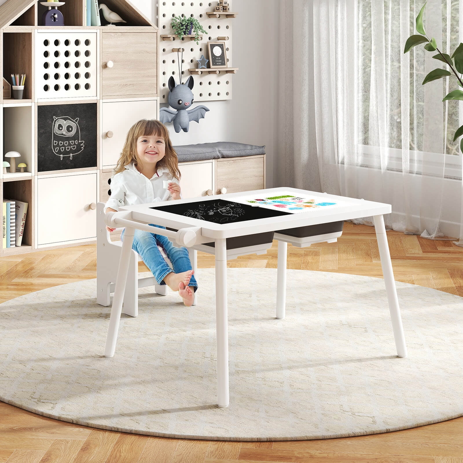 Costway Sensory Table & Chair Set for Kids 2-8 with Foldable Bins for Sand/Water & Paper White