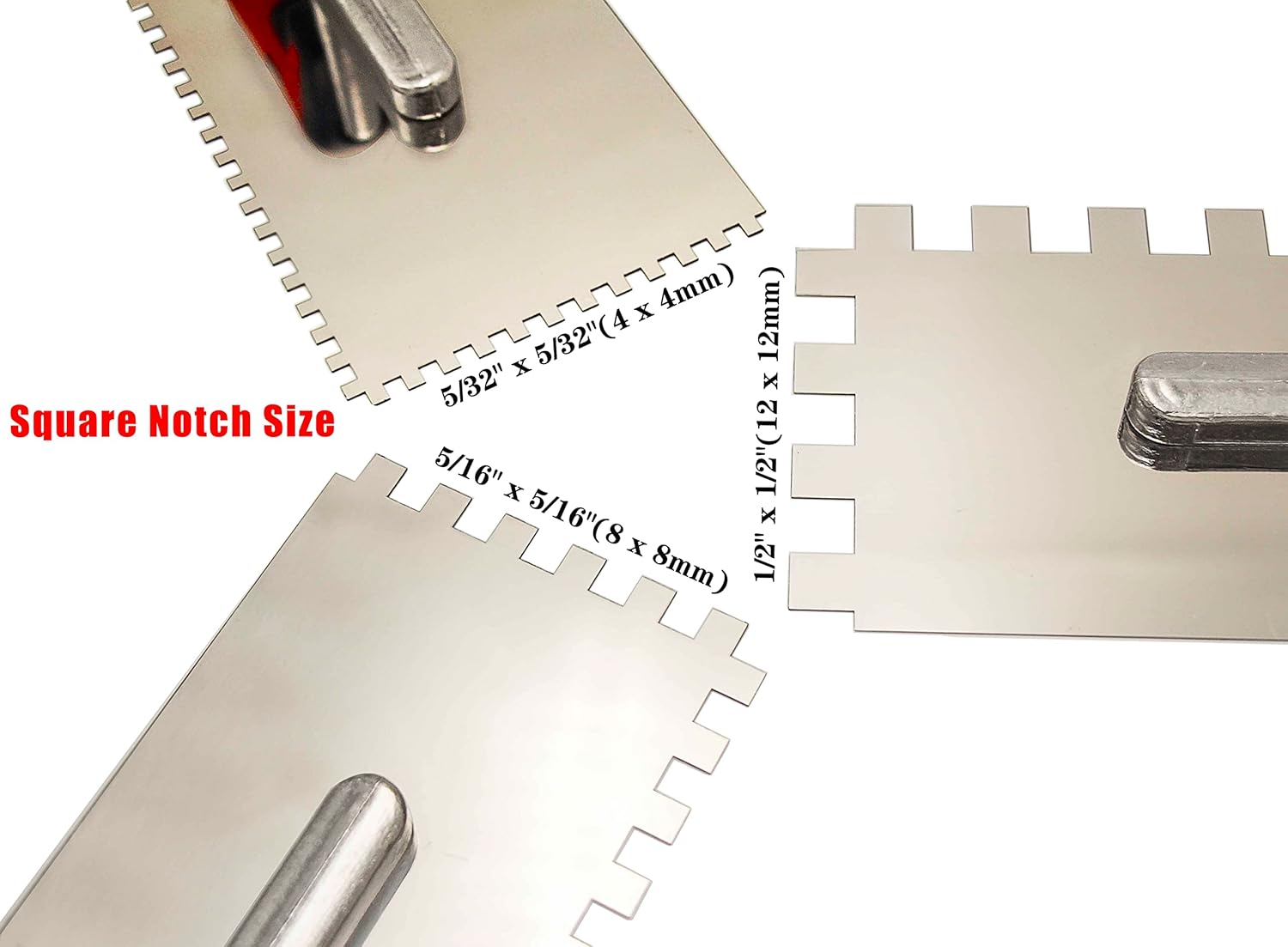 4-Piece Stainless Steel Notched Trowel Set For Tile Installation – 5/32, 5/16, 1/2 Inch Notch Sizes