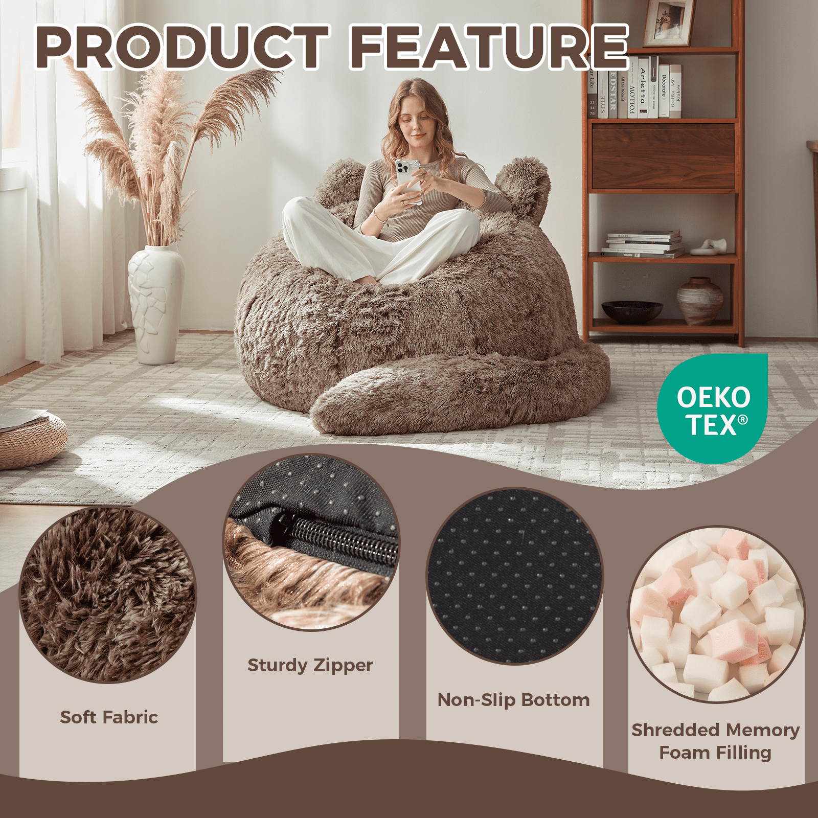 Ebenchico 3.6ft Cat Shaped Bean Bag Chair for Adults Teens Kids, Giant Faux Fur Plush Beanbag Chairs with Filler, Brown