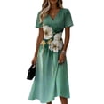 thumbnail image 2 of Minjewel Ladies Floral Casual Fashionable Short Sleeve V-Neck Dress for Spring Summer Women's Daily Casual Wear,Green,3XL, 2 of 6