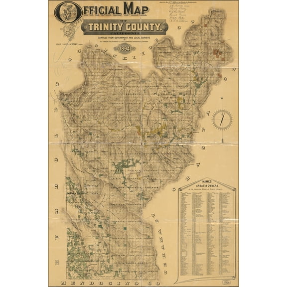 24"x36" Gallery Poster, Official map of Trinity County, California 1894