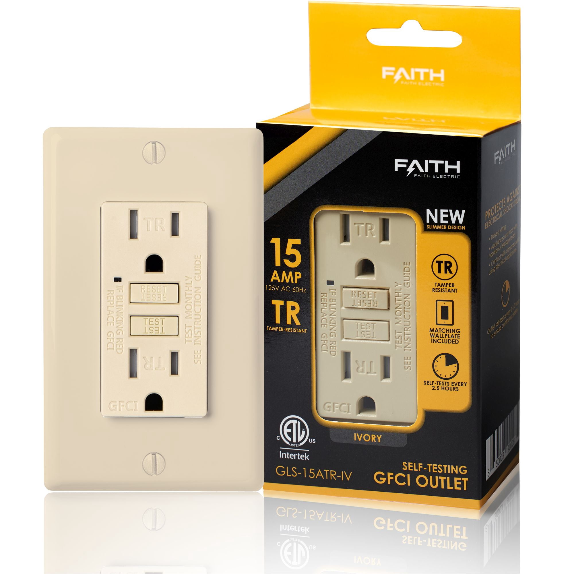 Faith 15A GFCI Outlets, Slim, Tamper-Resistant GFI Receptacles with Wall Plate, Ivory, 10 Pack