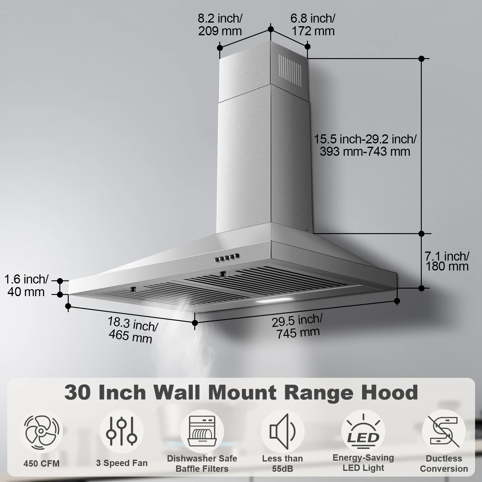 Range Hood 30 inch 450 CFM Wall Mount Range Hood with Baffle Filters 3 Speed Fan Vent Hood
