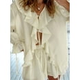 thumbnail image 5 of Two Piece Sets for Women Long Sleeve Peplum Lace Trim Chiffon Shirt Wide Leg Short Pants Vacation Travel Outfits Beige S, 5 of 9