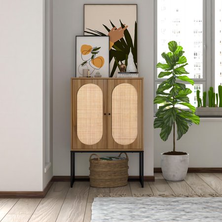 Oaks Aura 2 Door high cabinet,rattan,Built-in adjustable shelf,Easy Assembly,Free Standing Cabinet for Living Room Bedroom
