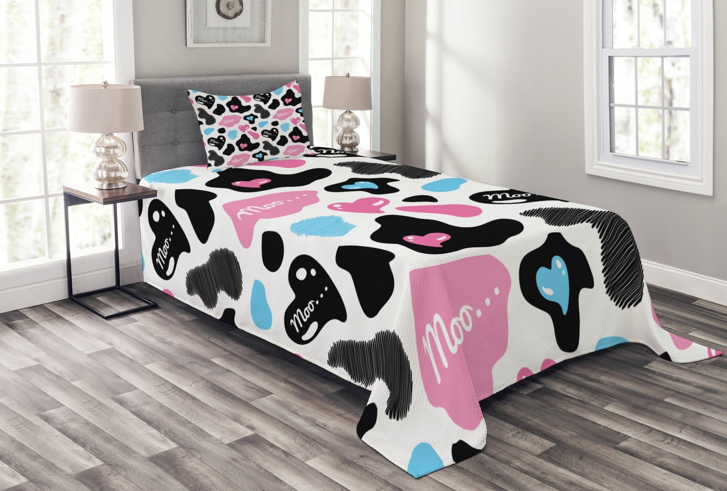 Cow Print Bedspread Set Twin Size, Lovely Cow Hide with Cute Hearts Moo