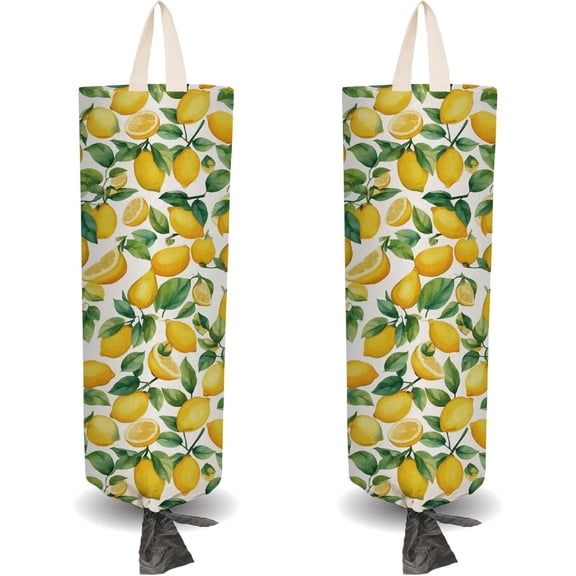 2Pcs Yellow Lemon Cloth Plastic Bag Holder with 4 Adhesive Hook Reusable Grocery Organizer Washable Wall Mount Hanging Trash Shopping Bag Storage Dispenser