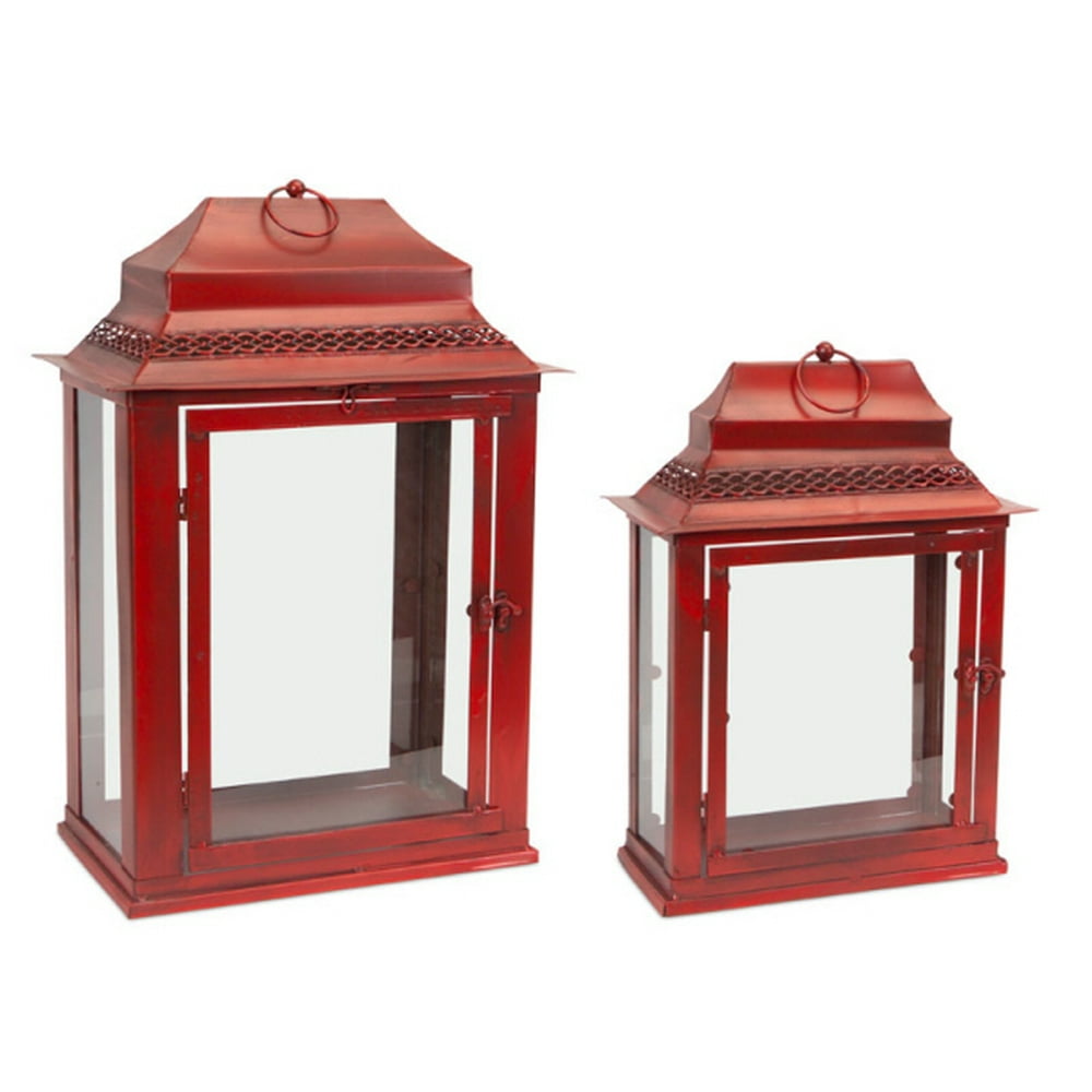 Set of 2 Antique Red and Clear Glass Table Top Lanterns 21"
