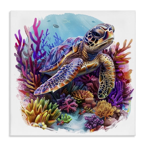 Stupell Industries Turtle & Purple Coral Animals Painting Wrapped Canvas Art Print Wall Art, 17 x 17