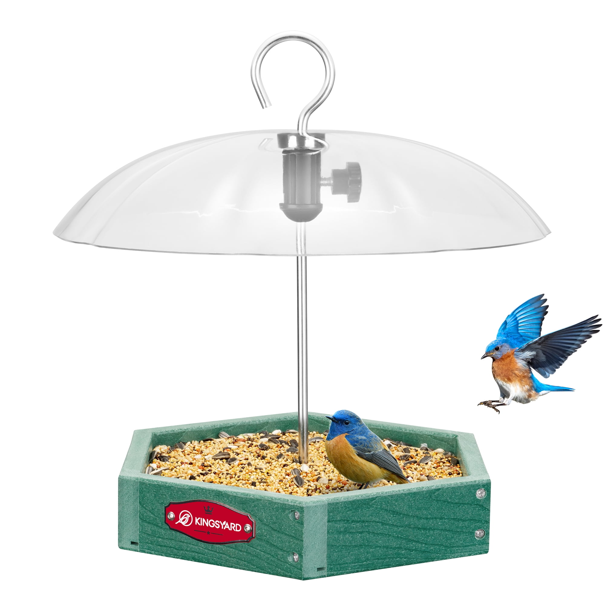 Kingsyard Large Platform Bird Feeder Outdoor Hanging, Adjustable Dome Squirrel Proof Rain Cover, Metal Mesh Tray Recycled Plastic Wild Bird Seed Feeding Station, Green