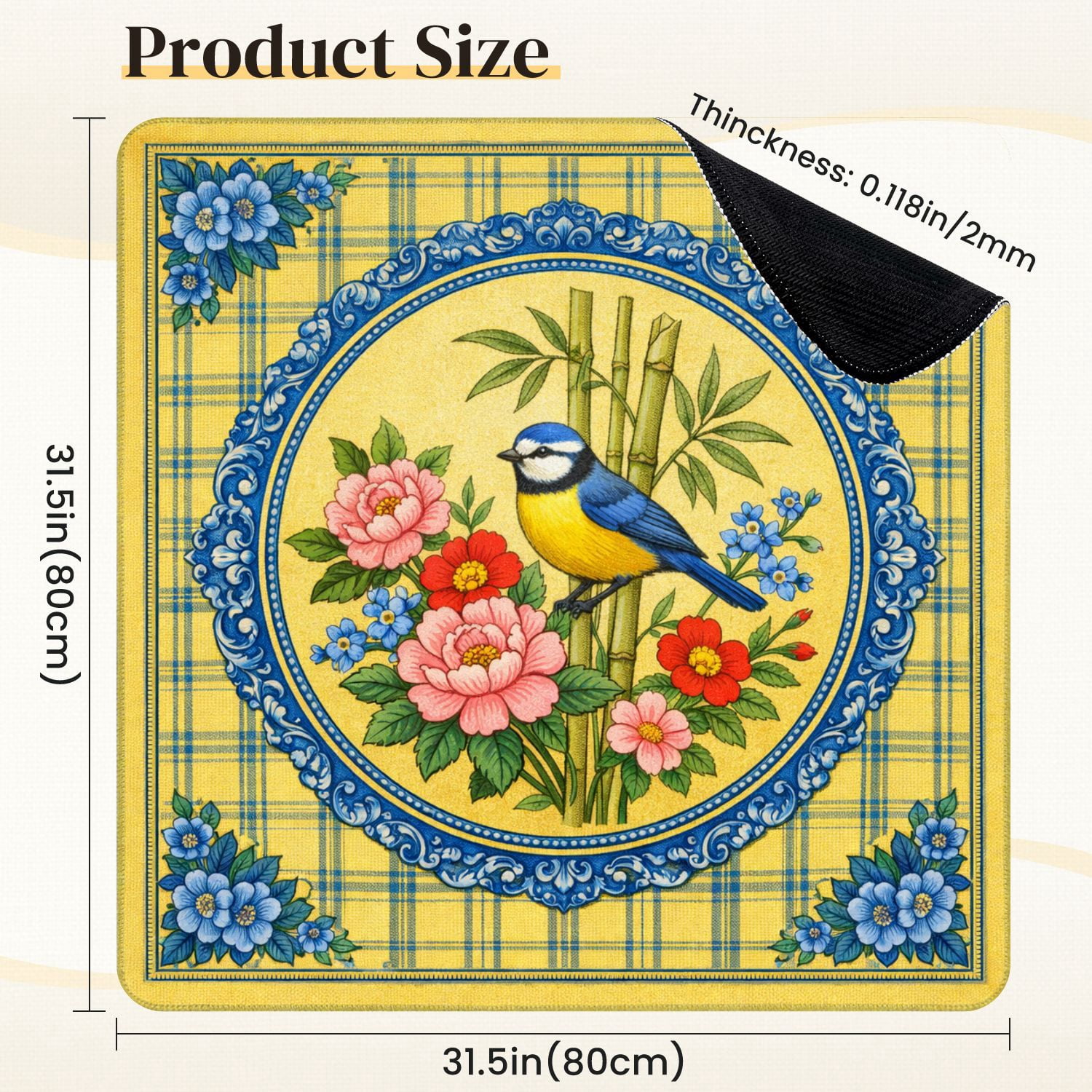 Mahjong Mat 31.5" x 31.5" Blue Tit Bird Perched Colorful Floral Arrangement Bamboo Blue Flowers Non-Slip Noise Reduction Mahjong Tiles Table Cover for Dominoes Poker Card Board and Tile Games