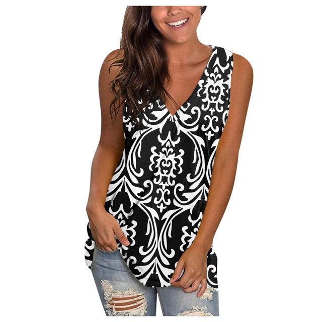 Pompotops Mode Femmes V-Cou Imprimé Sans Manches Casual Côté Divisé Pull Tops