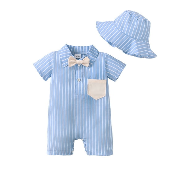 Kucnuzki Newborn Baby Boy Clothes 3 Months Spring Summer Jumpsuit Bodysuit 6 Months Short Sleeve Pinestripe Prints Button-Up Collar Overall Jumpsuit Hat 2PCS Set Royal Blue