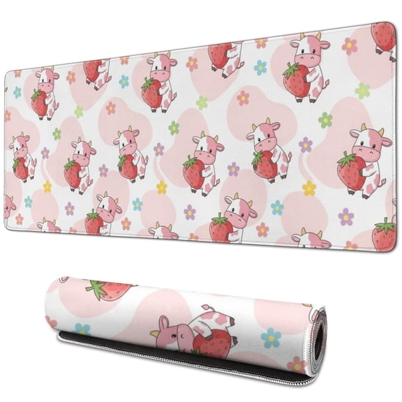 Long Mouse Pads for Desk,Pink Cow Strawberry Flower Pattern Desk Mats on Top Of Desks, Desk Mouse Pad Extra Large with 3mm Non-Slip Base and Stitched Edge for Gaming,Office,Work,Home 31.5"x11.8"