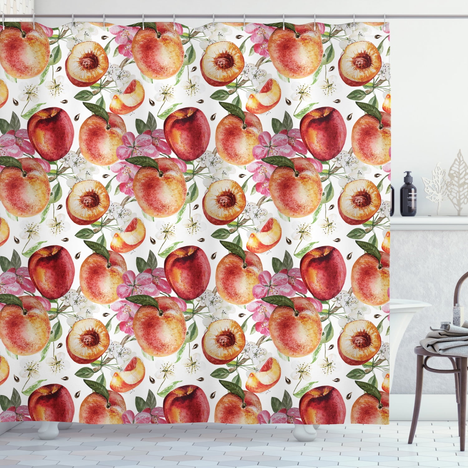 Peach Shower Curtain, Exotic Lively Summer Yard Theme with Ripe Juicy