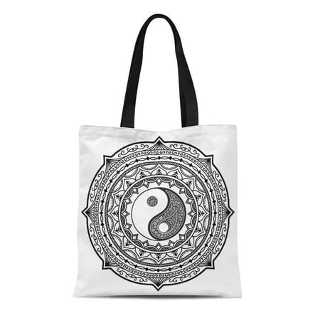 ASHLEIGH Canvas Tote Bag Ying Henna Tatoo Mandala Yin Yang Symbol Mehndi Tattoo Reusable Shoulder Grocery Shopping Bags