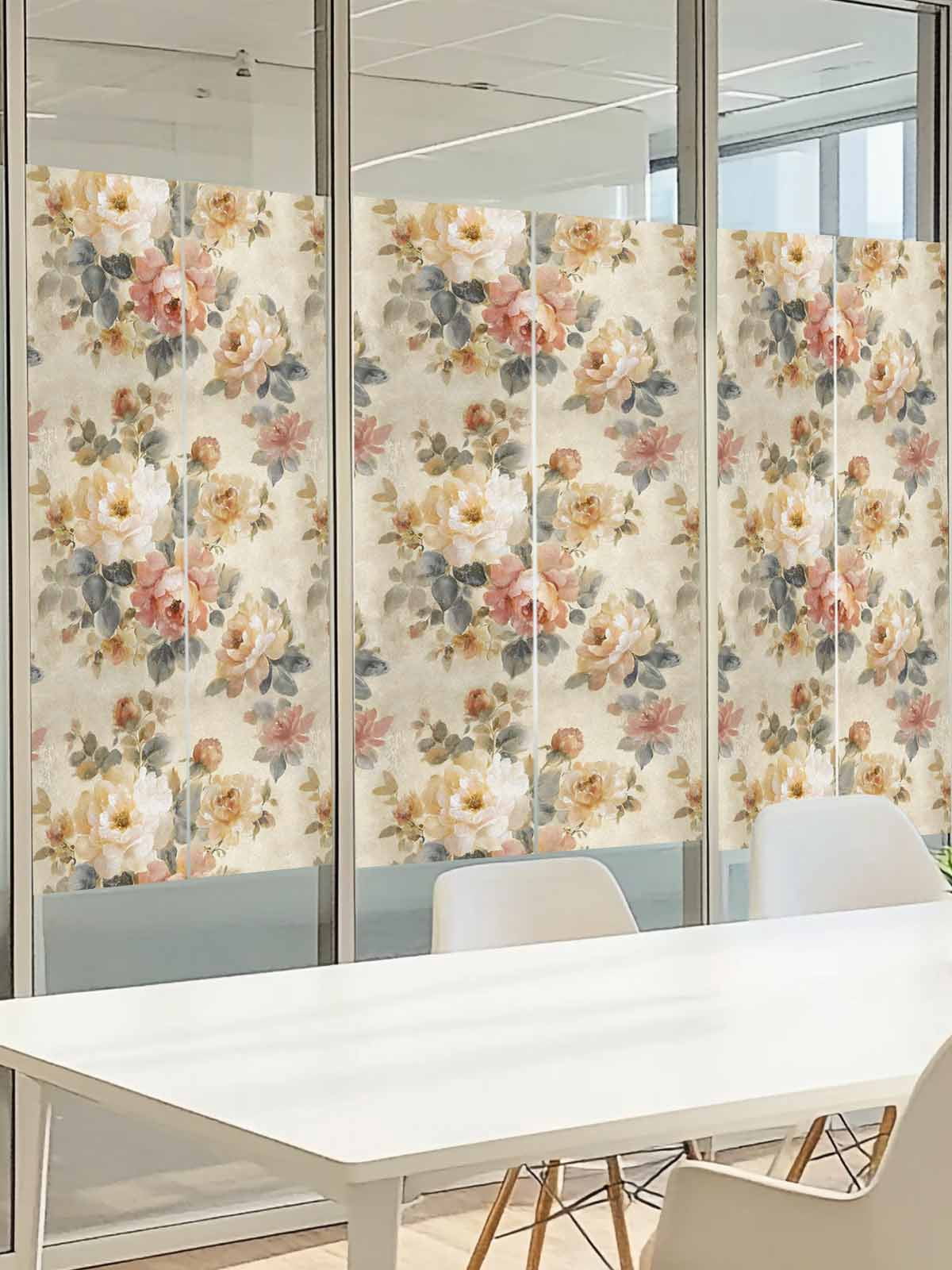 Spring Floral Window Privacy Film, Oil Painting Flower Pink White Peony Retro Romantic Frosted Glass Window Clings Static Cling UV Heat Blocking Reusable Door Sticker for Bathroom 23.6 x 59 Inch