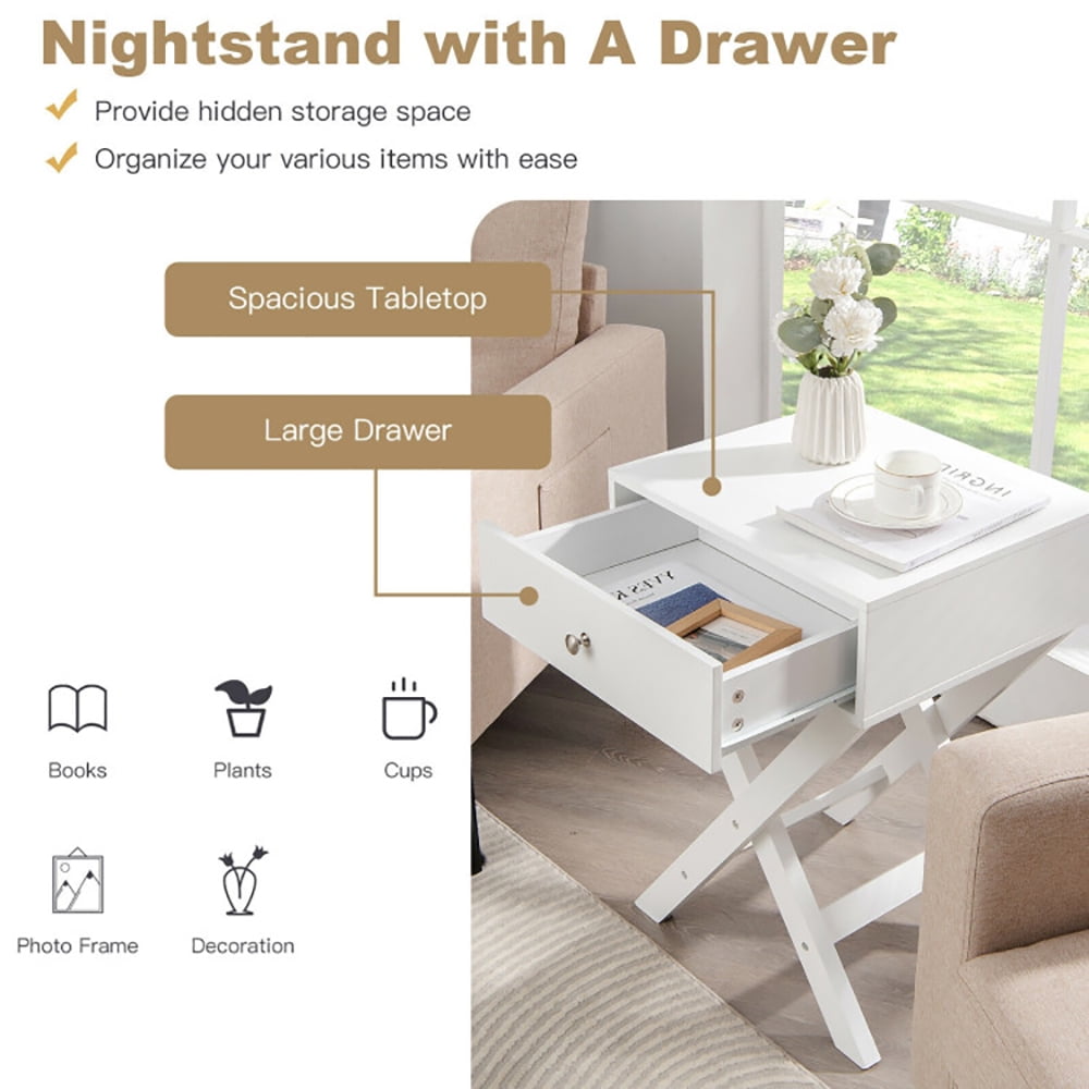 Finihen End Table, Modern X-Shaped Nightstand with Drawer, Bed Side Table, for Small Space, Living Room, Bedroom, White Finihen End Table, Modern X-Shaped Nightstand with Drawer, Bed Side Table, for Small Space, Living Room, Bedroom, White