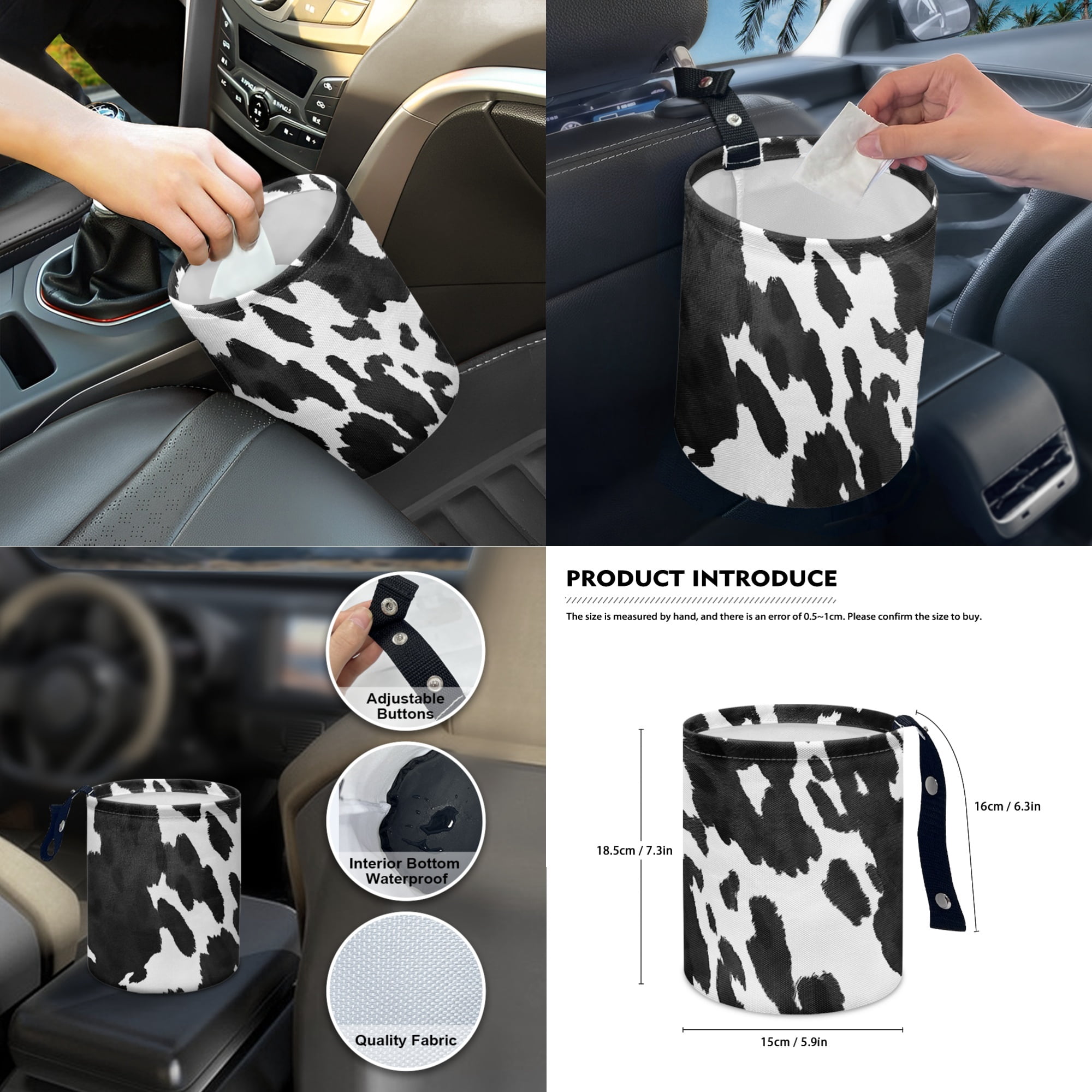 Renewold Black White Cow Print Car Seat Cover Full Set 14 PCS, with Steering Wheel Cover Seat Belt Pad Garbage Bin Armrest Pad Rearview Mirror Handbrake Cover Set Coaster Fit Most Vehicles