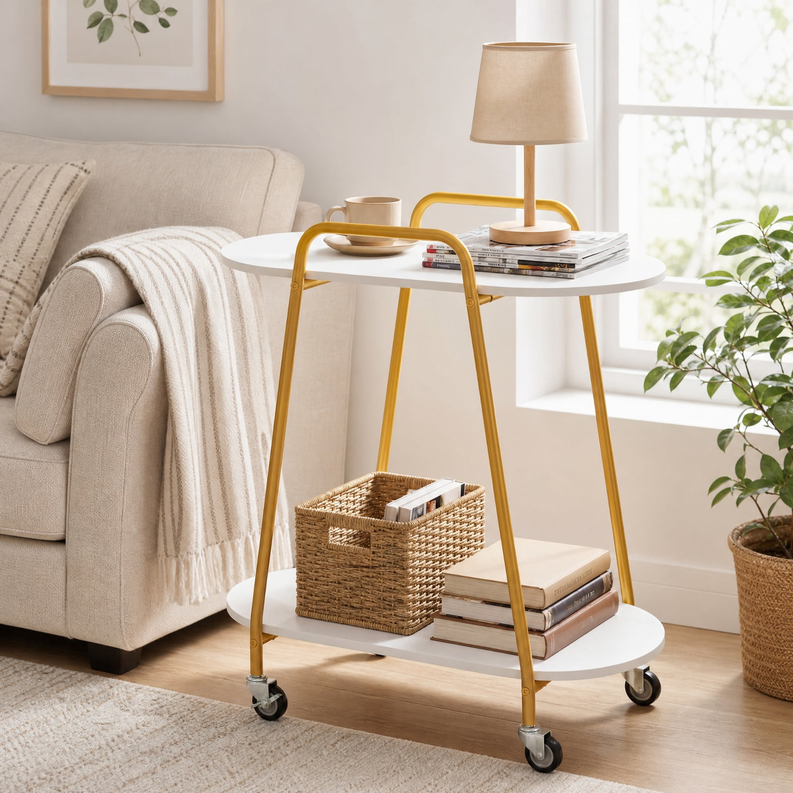 Furnibear 2 Tier Rolling End Table with Faux Marble Top and Lockable Wheels for Small Living Room Bedroom and Sofa Side, White