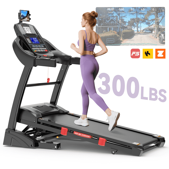 Qvamodo 4.75 HP Folding Treadmill for Home with 15% Auto Incline, 300LB Capacity, 10MPH Speed, App & Bluetooth Speaker, LCD Display, Portable Treadmill Running Walking Machine, Shock Absorption