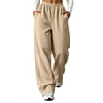 thumbnail image 2 of Women's Oversized Straight Wide Leg Sweat Pants Elastic High Waist Soft Wrinkle Resistant Loose Floor Fit Khaki L, 2 of 9