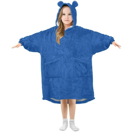 

joogoo Wearable Blanket Hoodie for Kids Navy Blue Flannel Oversized Sweatshirt 3-14 Years L