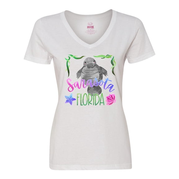 Inktastic Sarasota Florida Cute Swimming Manatee Women's V-Neck T-Shirt