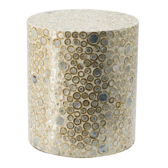 CC Home Furnishings Abstract Dotted Cylindrical Capiz Stool - 15.75" - White and Gold