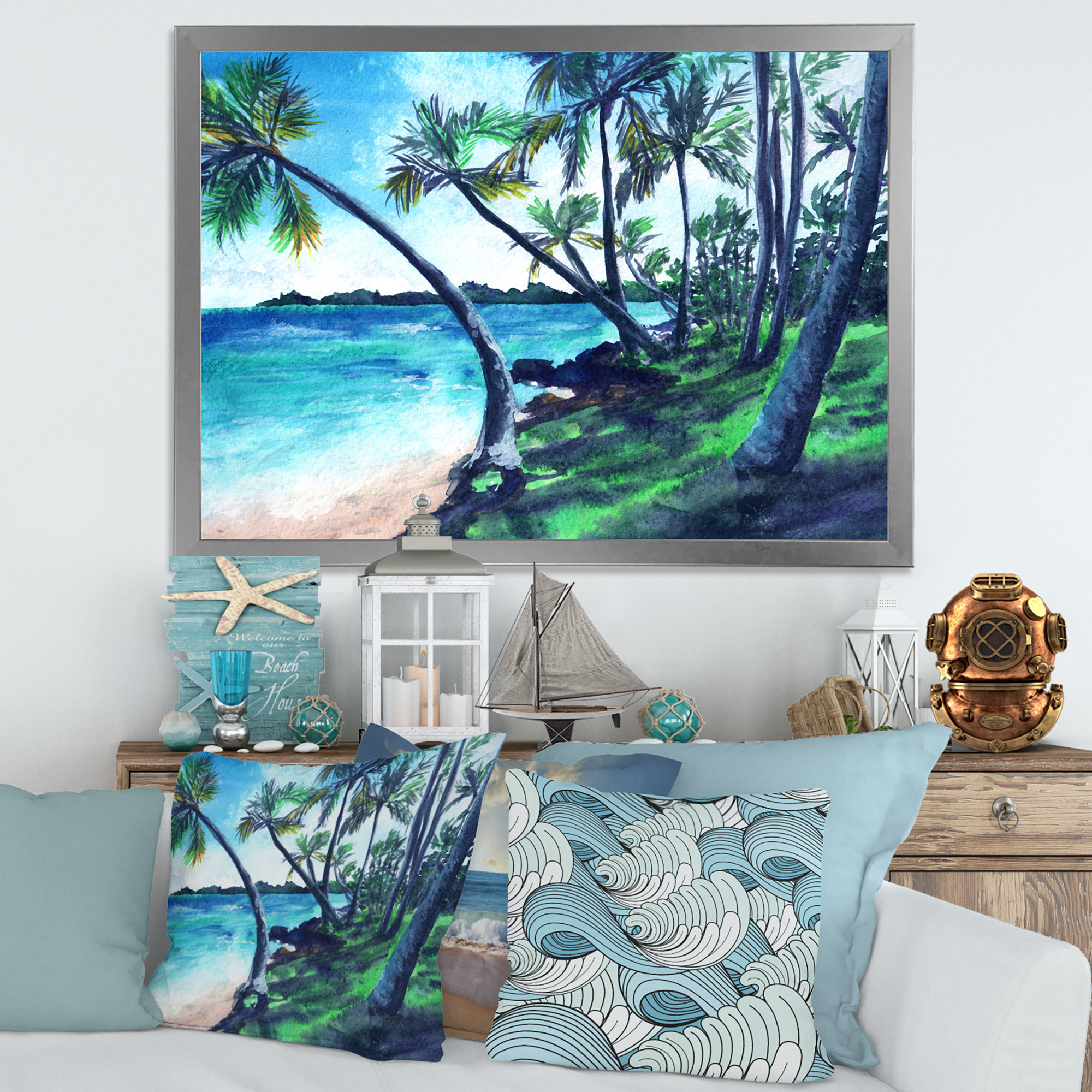 Designart 'Tropical Beach In Summer Paradise With Palm Trees' Nautical & Coastal Framed Art Print