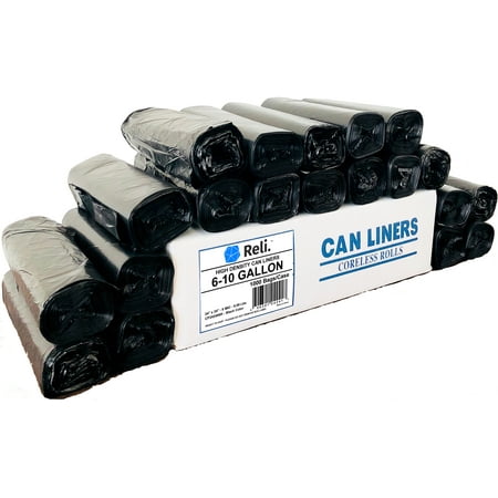 Reli. 6-10 Gallon Trash Bags, Black (1000 Count, Bulk) Black 10 Gallon Garbage Bags w/ 6 Gal, 7 Gal, 8 Gal Capacity