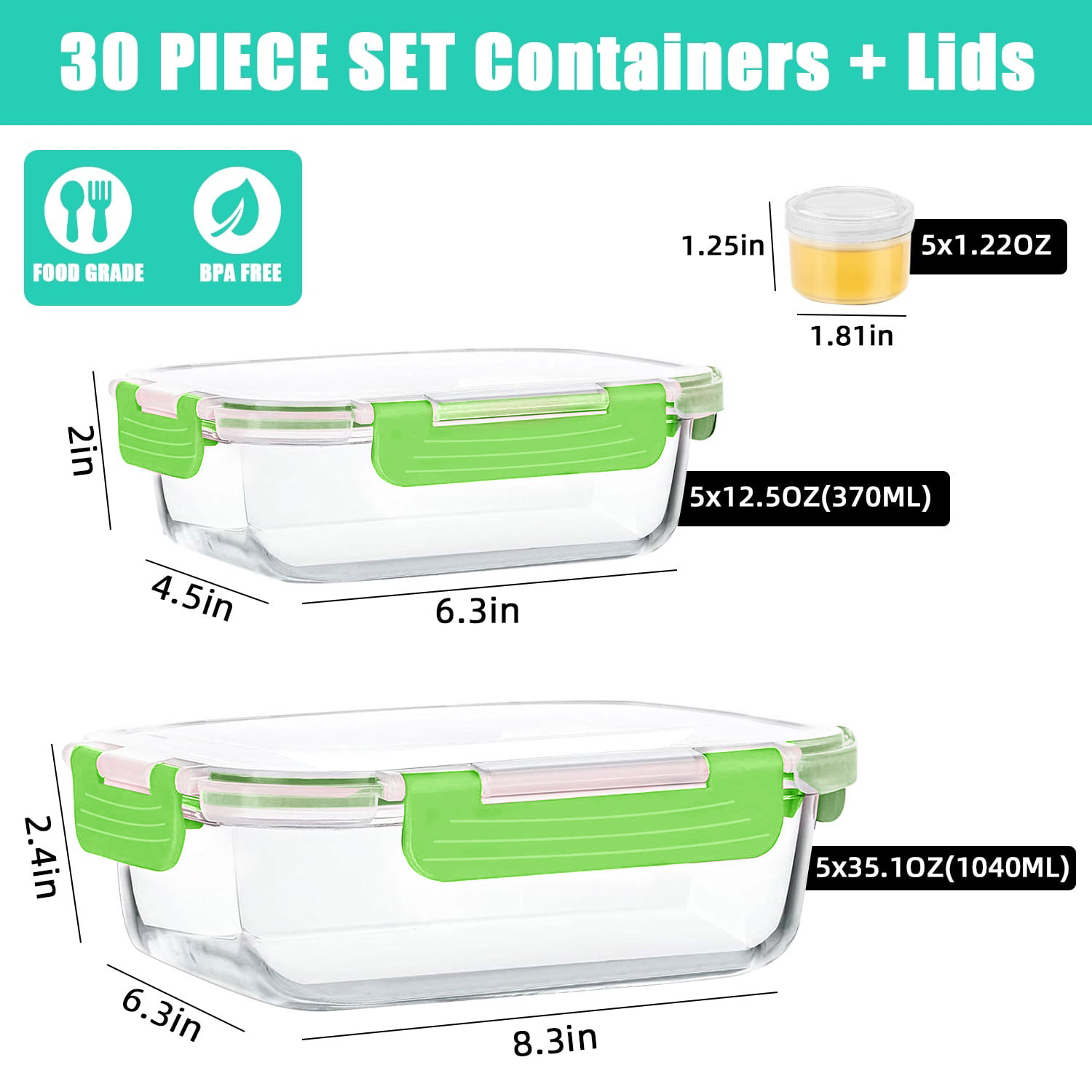 30 Pcs Glass Food Storage Containers with Lids, Glass Airtight Meal Prep Container Set for Lunch, Kitchen Pantry Organizers and Storage, Leak Proof, Green