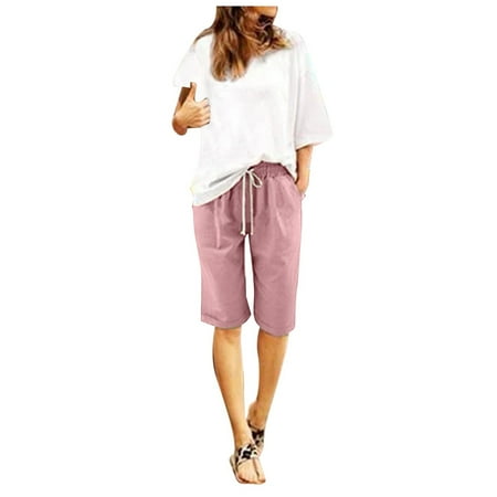 WNVMWI Womens Shorts Boxer Shorts for Women Vacation Shorts for Women Cotton Linen Knee Length Beach Shorts High Waisted Drawstring Pants Plus Size Workout Pants Summer Casual Shorts with Pockets 6XL