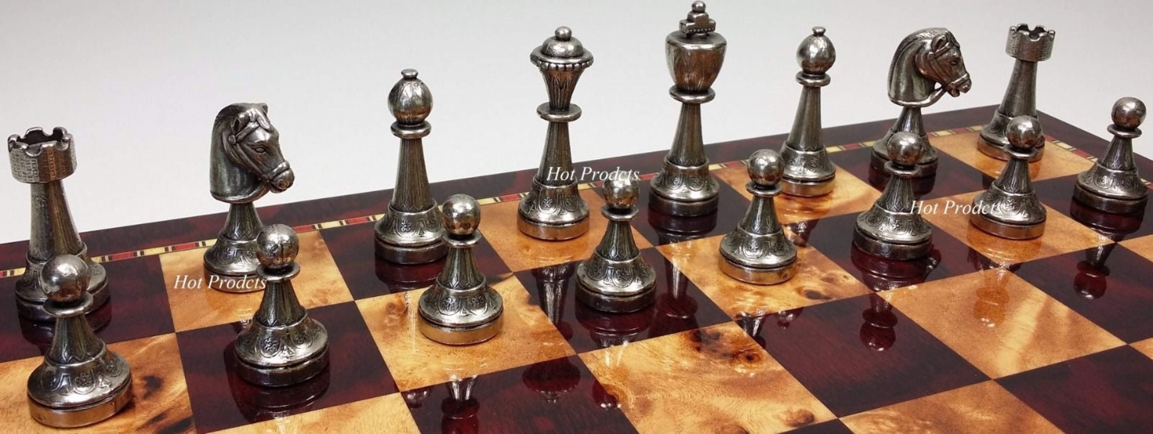 Italfama Brass Metal Etched Staunton Chess Men Set W/ 18" Cherry Color Board