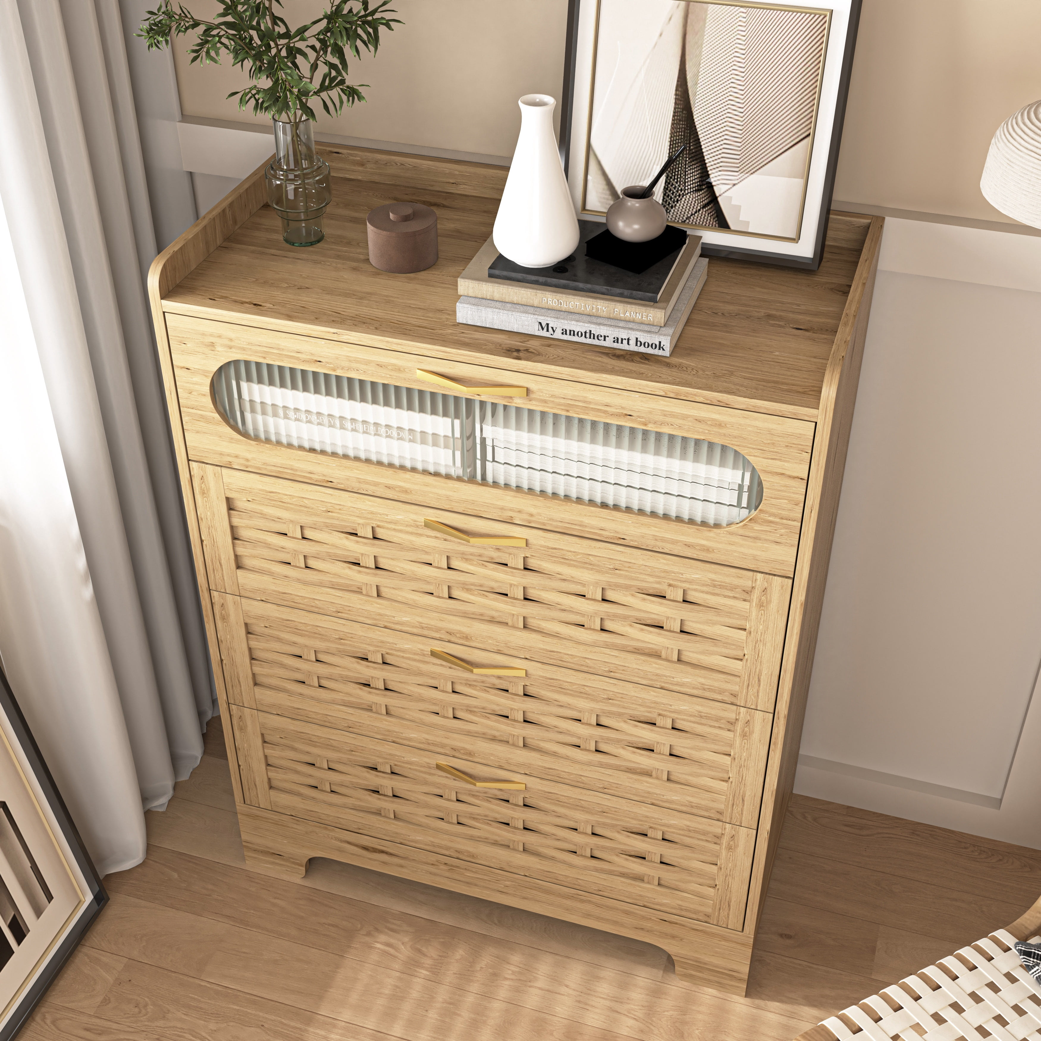 4-Drawer Dresser 31.5 Inch, Modern Chest of Drawers with Transparent Acrylic Doors, Storage Organizer for Bedroom and Entryway, Wood