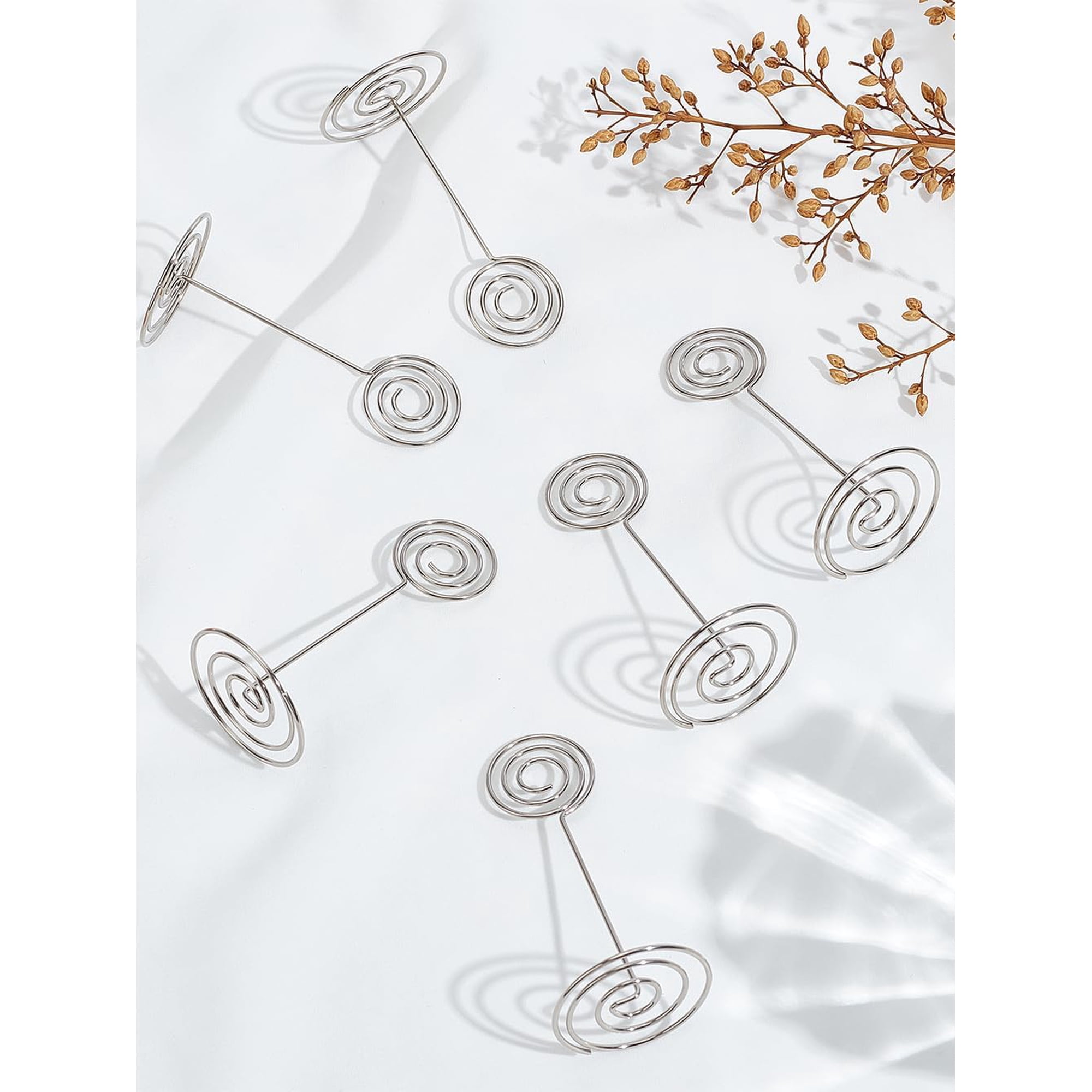 8Pcs Carbon Steel Name Card Holder Photo Memo Holders with Swirl Wire Clip for Desktop Party Decoration Circle Stainless Steel Color Craft