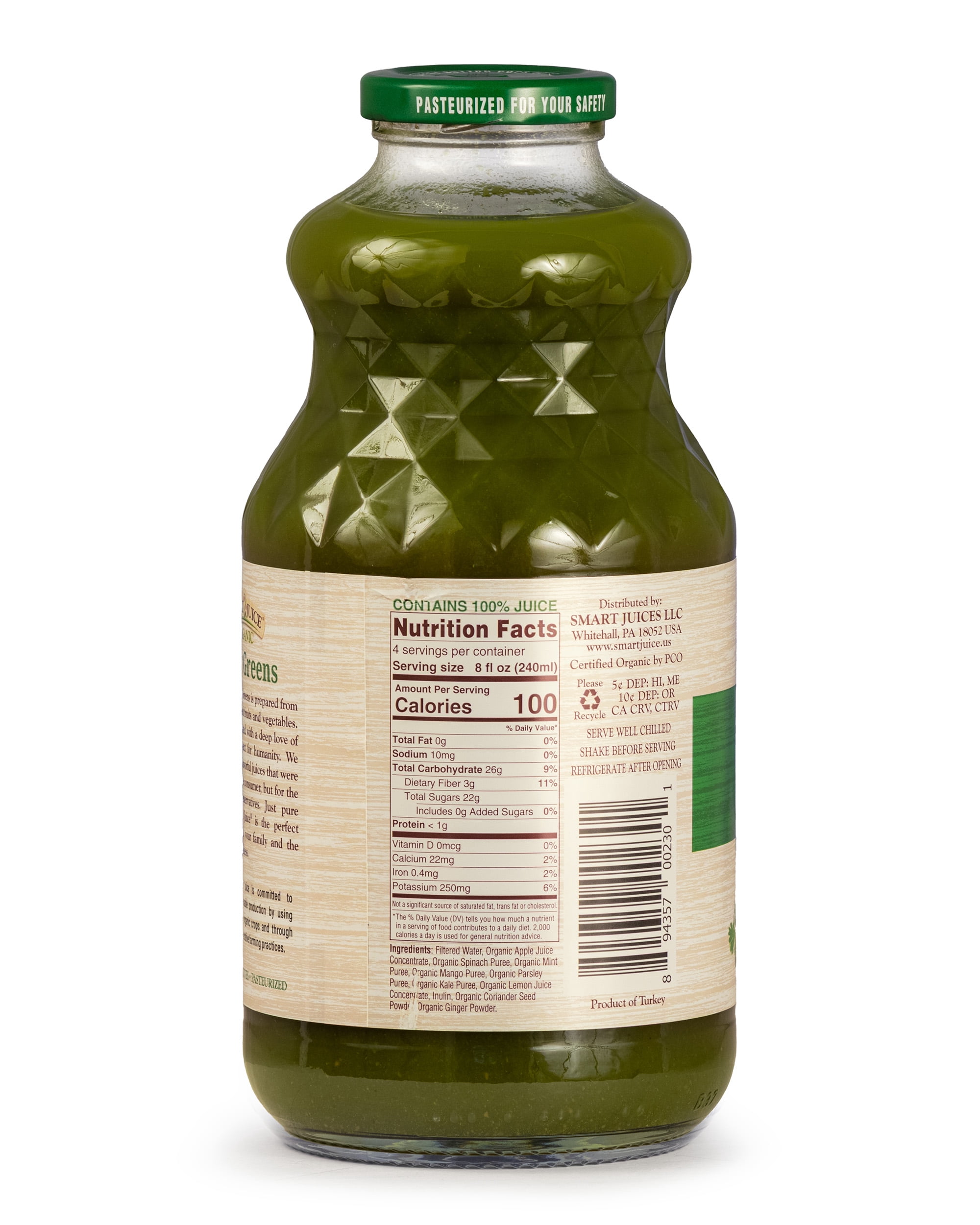 Smart Juice Organic Super Greens Juice with Spinach, Kale, Mango & Ginger – Shelf-Stable, 100% Juice – 32 fl oz, Pack of 6