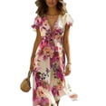 thumbnail image 2 of Dolkfu 1/4sleeve Women'S Clothing Retro Mid-Length Red V-Neck Faux-Wrap Dresses Chiffon Classic Regular Printed Flowers Dresses Red,Xxl, 2 of 3