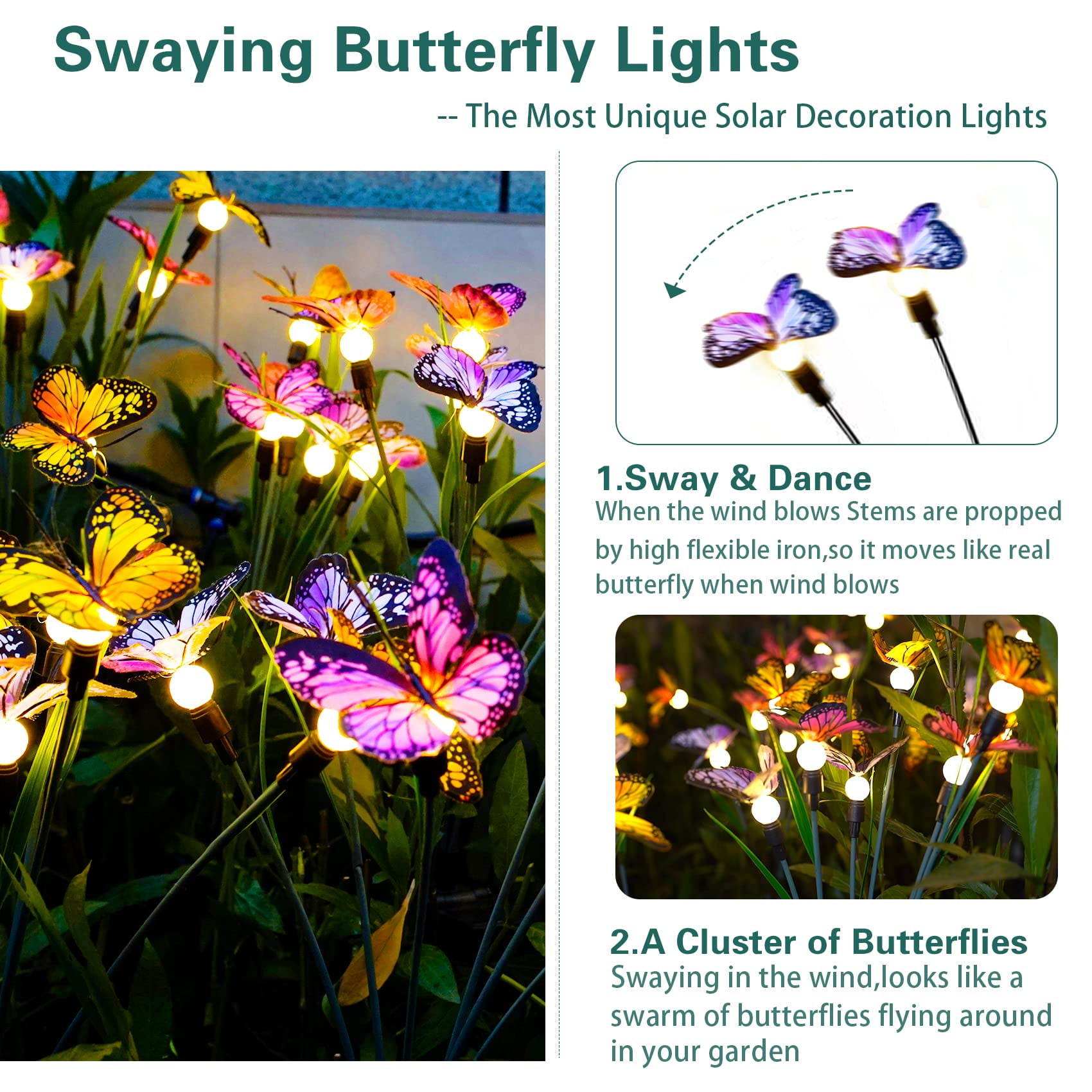 Binsuca Solar Garden Lights, Newest Swaying Butterfly Light, Swaying in The Wind, Solar Outdoor Lights, Yard Patio Pathway Decoration, High Flexibility Iron Wire & Realistic Butterflies(4 Pack)