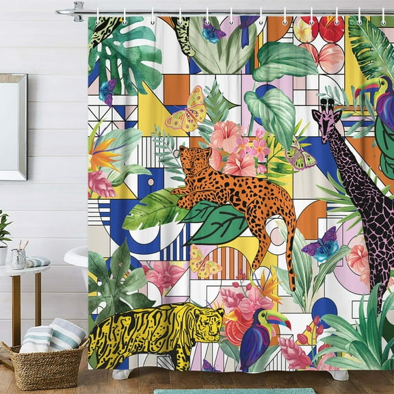 Tropical Jungle Safari Shower Curtain, Wildlife Lion Leopard Giraffe Butterfly Palm Trees Forest Shower Curtains for Bathroom, Abstract Geometric Fabric Bath Curtain Sets with 12PCS Hooks, 70X70IN