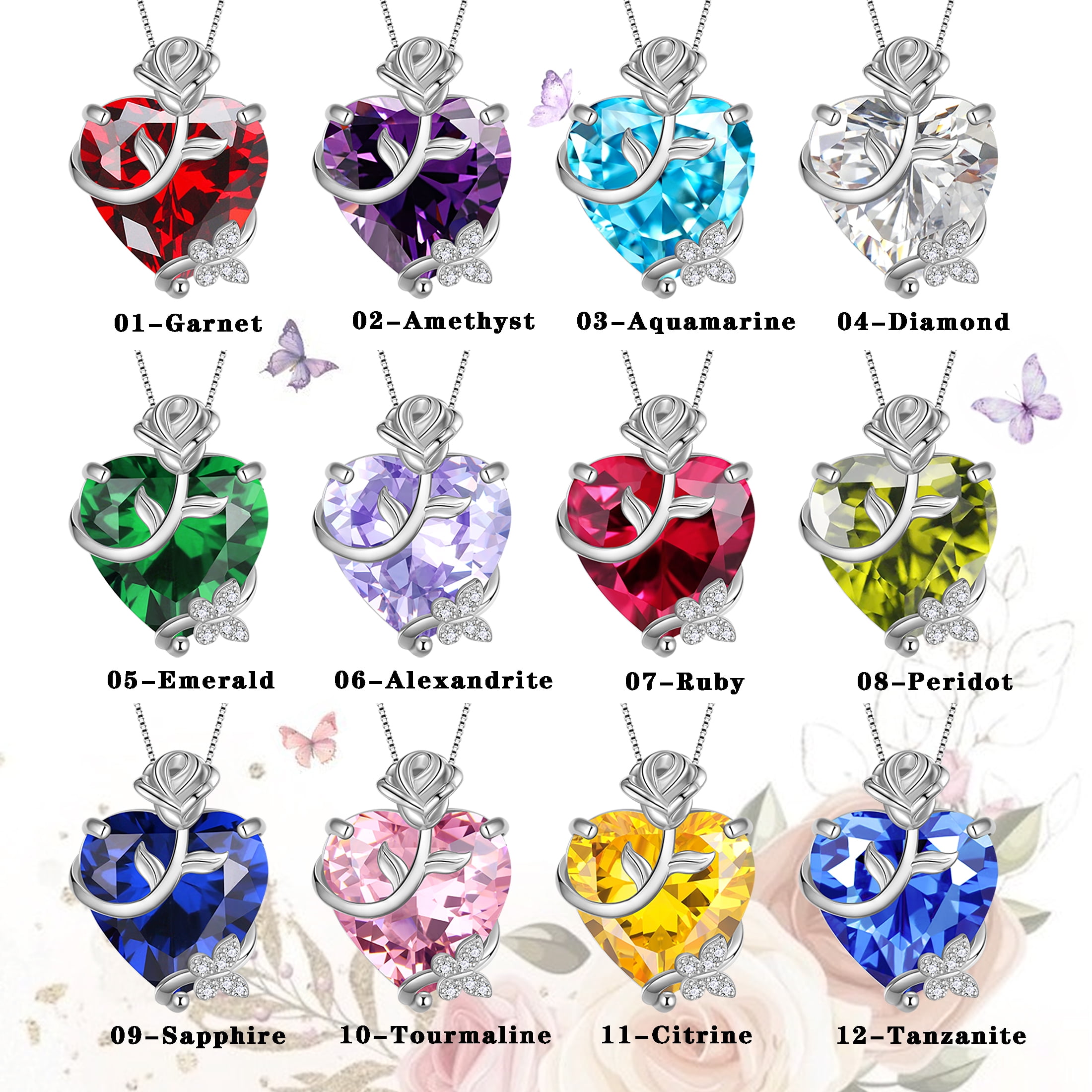 Juwaliy 15MM Women Rose Heart Necklace January Birthstone 925 Sterling Silver Butterfly Flower Pendant Garnet Jewelry Mother Valentine's Day Gift