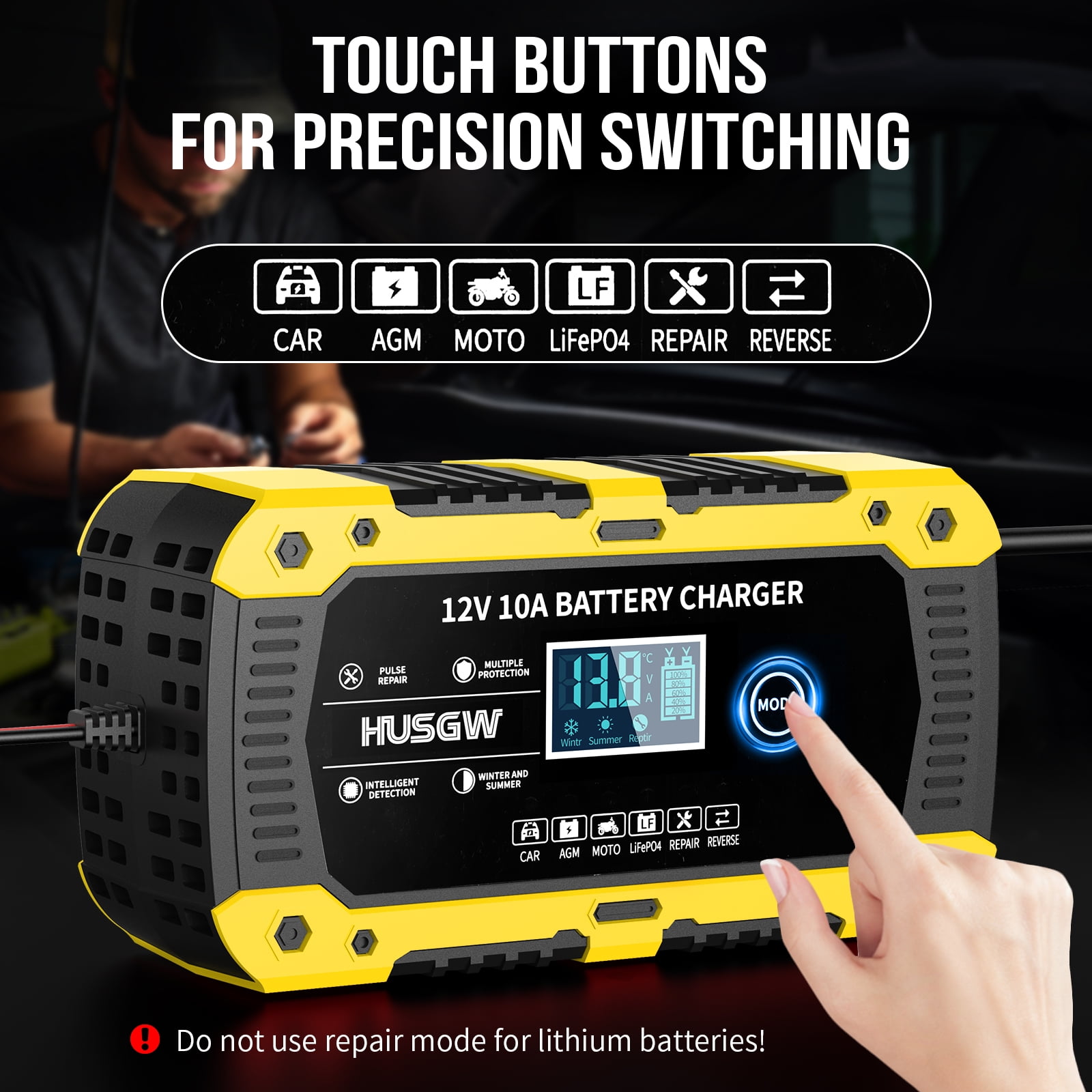 HUSGW Battery Charger 10-Amp 12V Fully-Automatic Smart Car Battery Charger, Battery Maintainer Trickle Charger, Compatible with Lead-Acid & LiFePO4  Iron Batteries，AGM, STD, Gel, Deep Cycle Batteries
