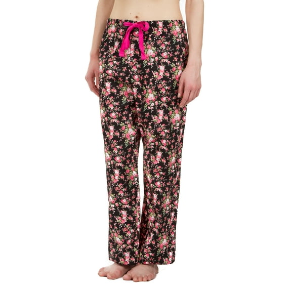 "Leisureland Rose Floral Cotton Poplin Pajama Lounge Pants Black"